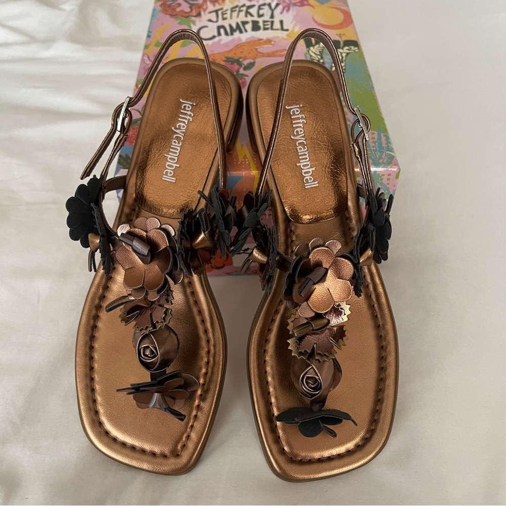 Jeffrey Campbell Gold and Black Sandals with Floral Embellishments‎